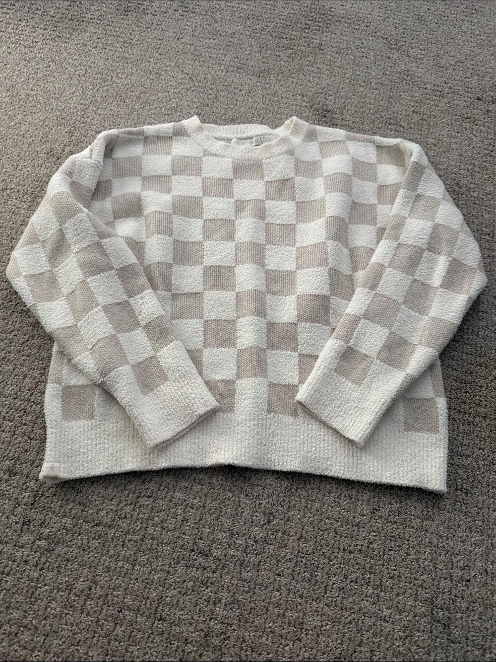 Barefoot Dreams Cream and Tan Checkerboard Crewneck Sweater